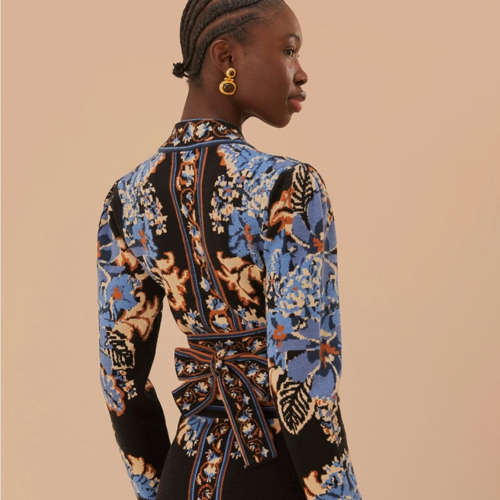 Blue Floral Wrap-Style Women's Sweater - Picture 2 of 5